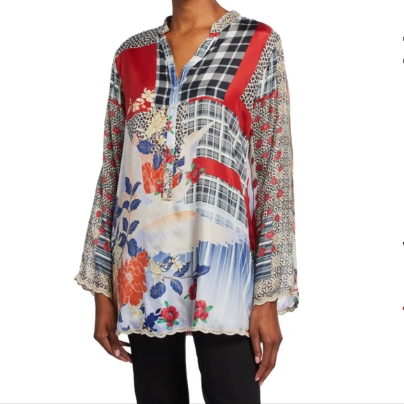 Johnny Was Ample Mixed Media Long-Sleeve Silk Tunic With Mandarin Collar - Picture 1 of 4